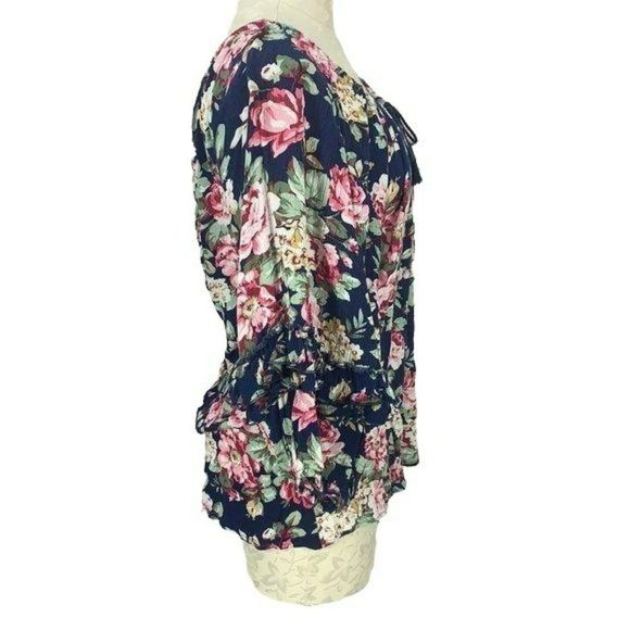 Umgee Woman's Blue Floral Print Scoop Neck Cotton Peasant Blouse Size Small - Picture 2 of 7